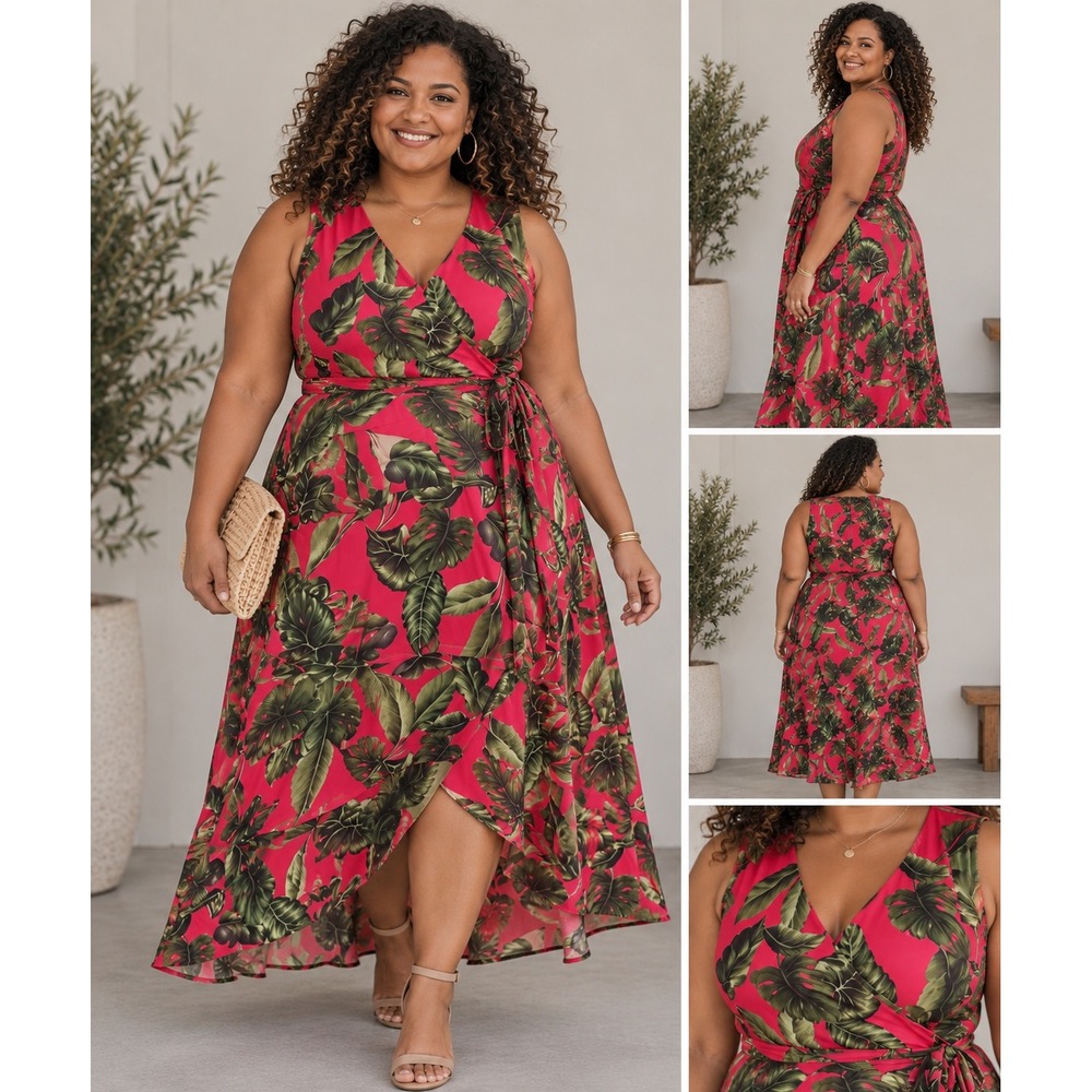 Tacera 3X Tropical Leaf Wrap Dress Pink Green Sleeveless Midi Maxi NWT
